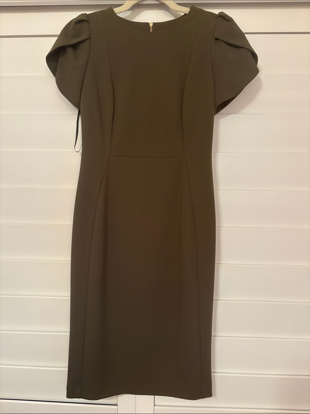 Calvin Klein Olive Puff-Sleeve Midi Sheath Dress